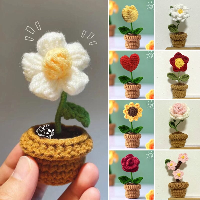 Hand Knitted Artificial Flowers in Their Own Little Pot | Desk, Shelf and Windowsill Decor That Never Wilts | Thirteen Styles