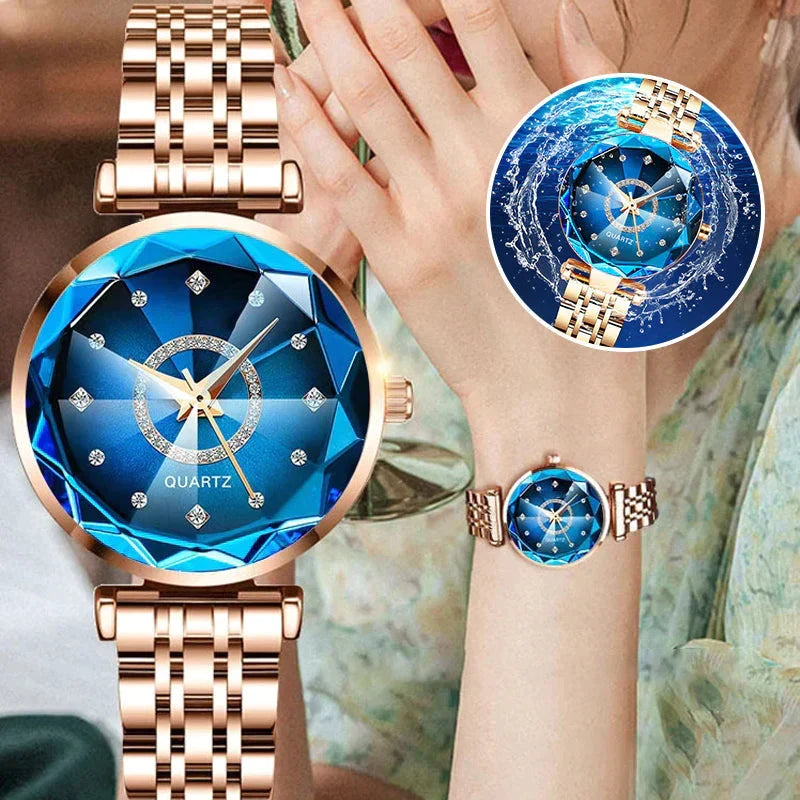 Quartz Wristwatch for Ladies with Starry Simulated Diamond Dial | Stainless Steel Case and Bracelet | 4 Colors