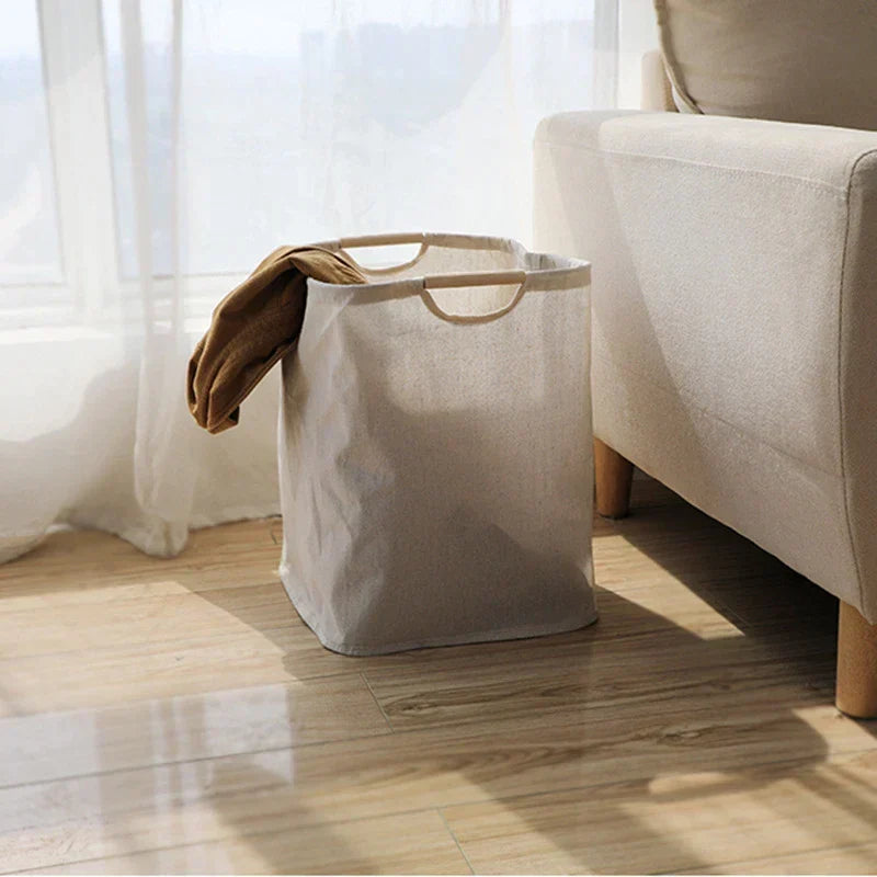 Foldable Laundry Organizer in Cotton Linen | Japanese Style Hamper with Carry Handles | Two Sizes, Stands Up Empty