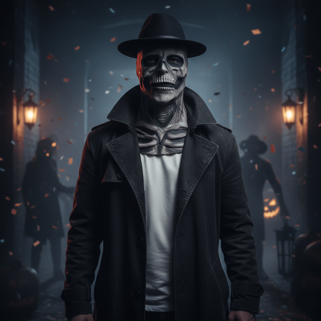 Realistic skull mask with matching hat as a complete Halloween costume