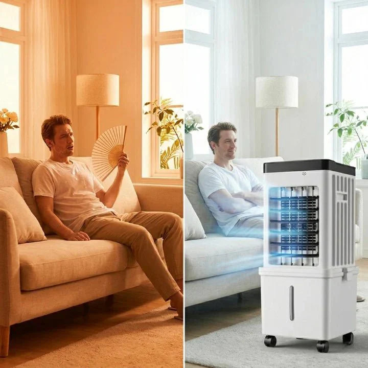 3-in-1 Mobile Air Cooler with Fan &amp; Humidifier | No Exhaust Hose, Rolling Wheels | Ice-Compatible Water Tank