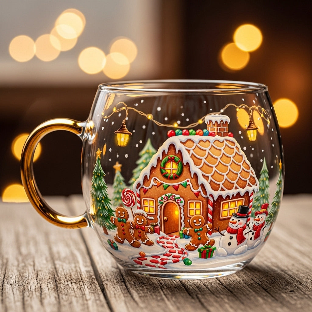 Holiday glass mug with gingerbread house design