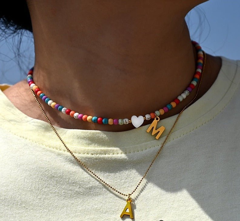 Beaded Initial Necklace with Stainless Steel Letter Pendant | White Heart Charm on Colorful Beads | 25 Letters to Pick