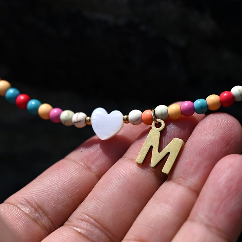Beaded Initial Necklace with Stainless Steel Letter Pendant | White Heart Charm on Colorful Beads | 25 Letters to Pick