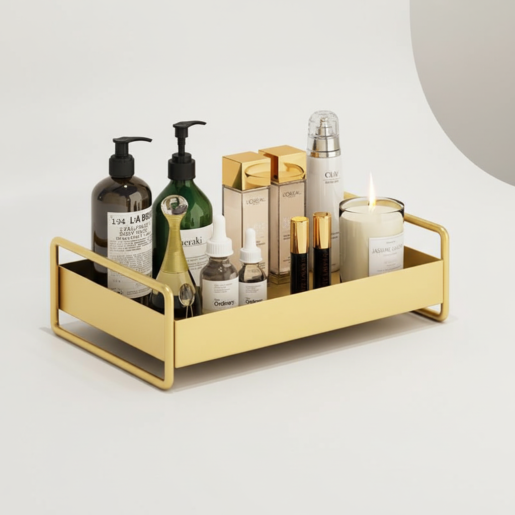 Gold Metal Bathroom Organizer Tray with Raised Handles | Non-Slip Counter Caddy for Bottles and Jars | Compact Format