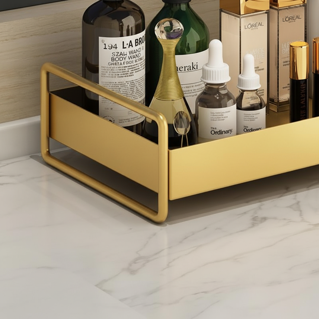 Gold Metal Bathroom Organizer Tray with Raised Handles | Non-Slip Counter Caddy for Bottles and Jars | Compact Format
