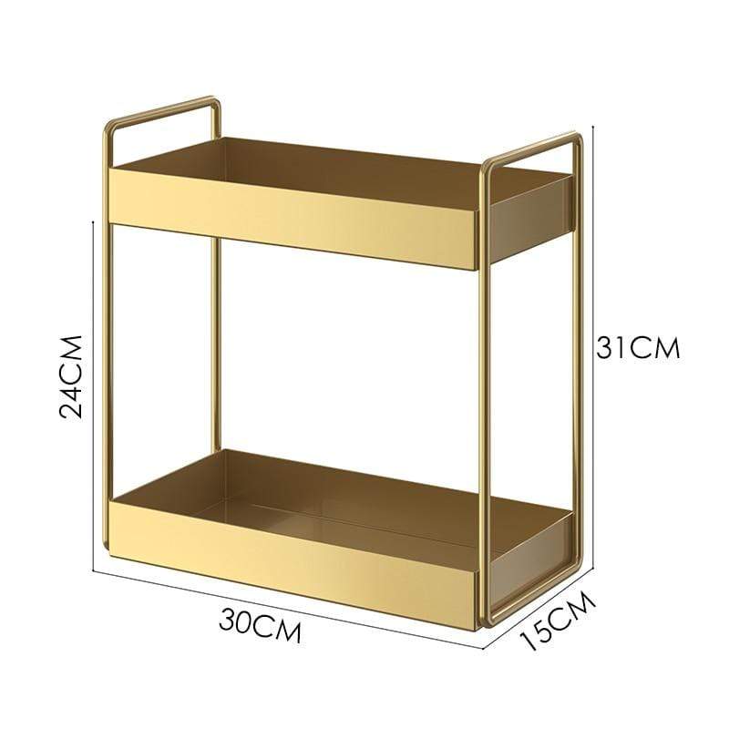 Gold Metal Bathroom Organizer Tray with Raised Handles | Non-Slip Counter Caddy for Bottles and Jars | Compact Format
