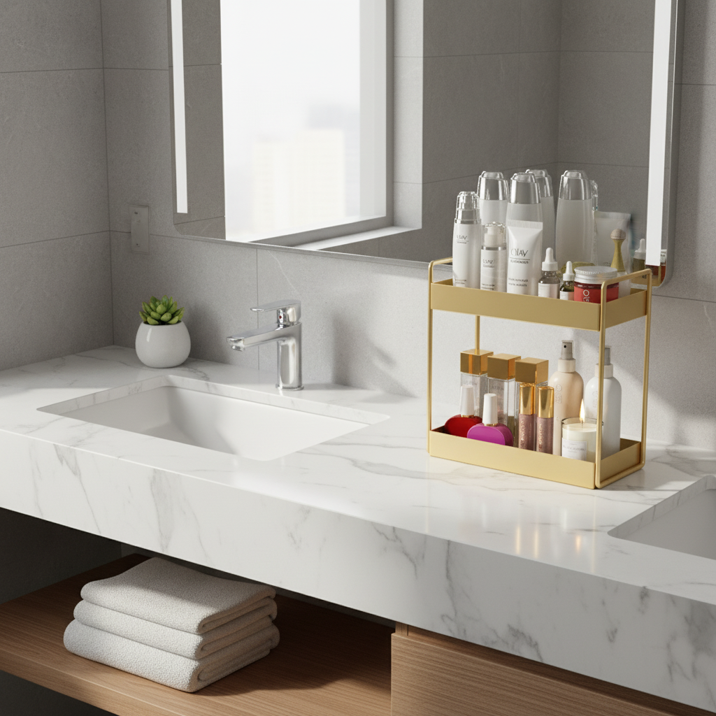 Gold Metal Bathroom Organizer Tray with Raised Handles | Non-Slip Counter Caddy for Bottles and Jars | Compact Format