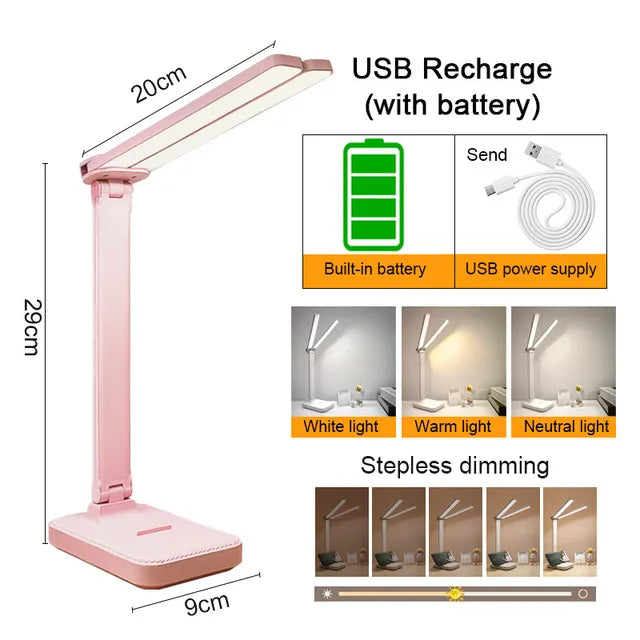 Folding LED Desk Lamp with a Double Sided Panel | Dimmable Light for Study or Bedside | USB Powered or 2000 mAh Battery