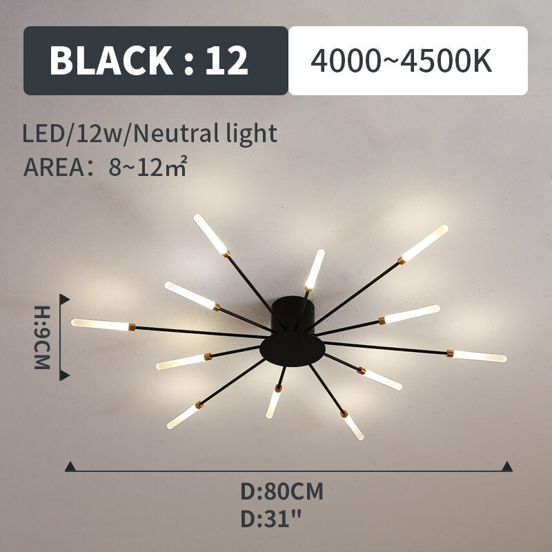 Fireworks-Style LED Ceiling Light | Multi-Arm Radiating Design | Available in Black or Gold Finishes