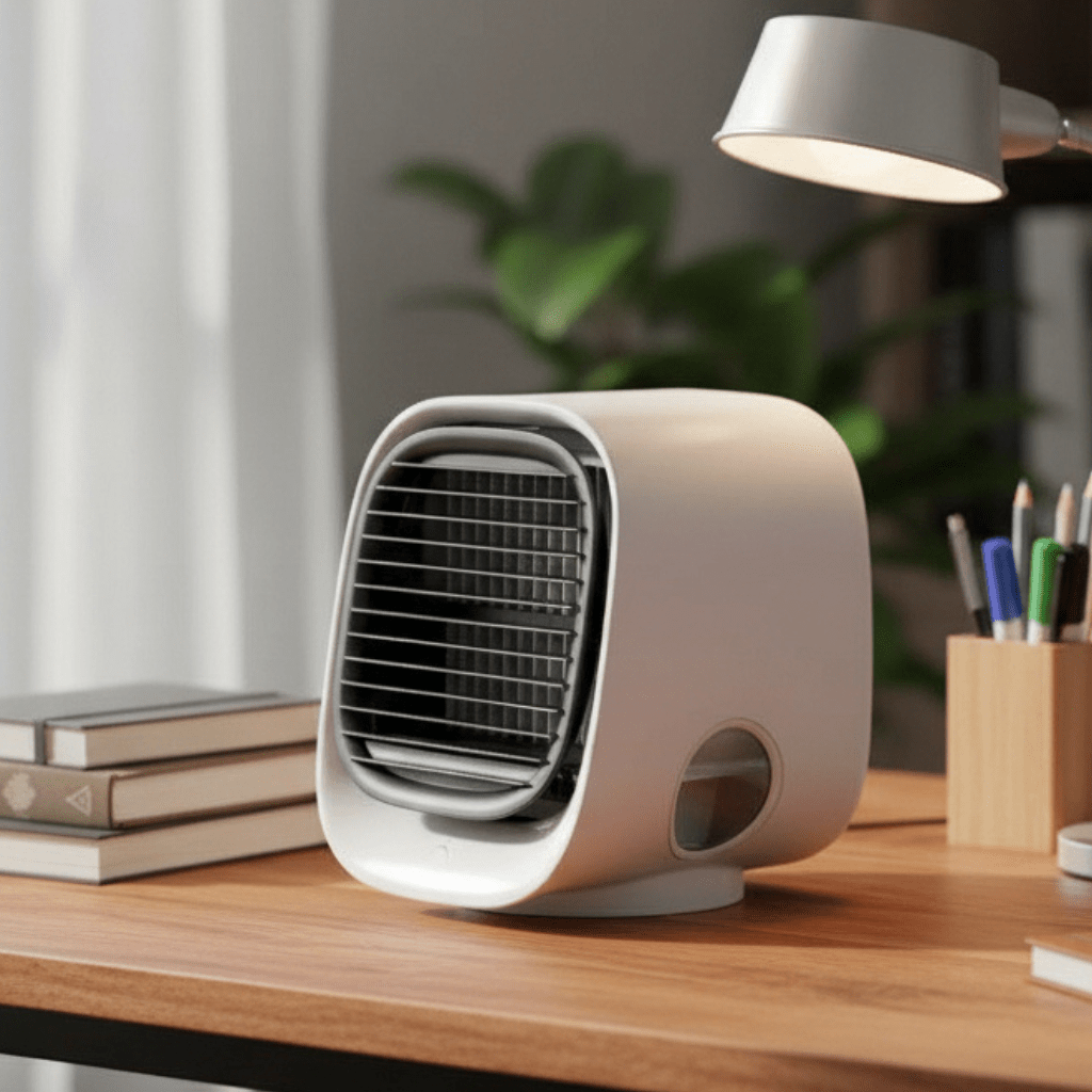 Compact 2-in-1 Air Cooler &amp; Humidifier with LED Light | USB Powered, Auto Shut-Off | Quiet Desk Cooling