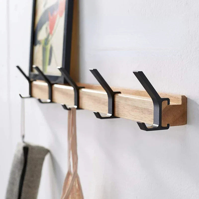 Nordic Coat Racks for Wall with 5 Movable Double Hooks | Rubberwood and Aluminum Hallway Rail | 40 cm Wide in Black