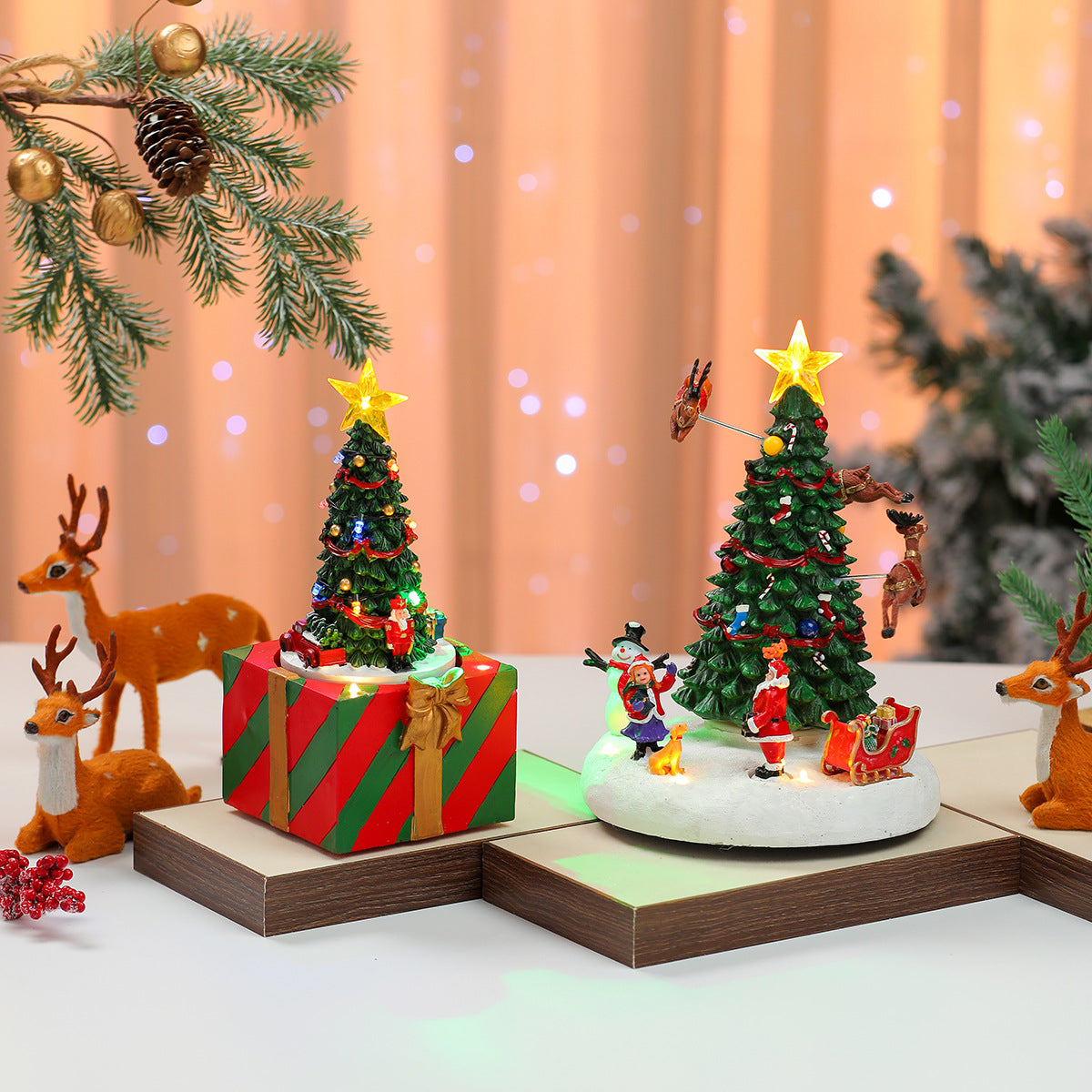 Christmas Music Box Tree Figurine with Lights and Santa Scene