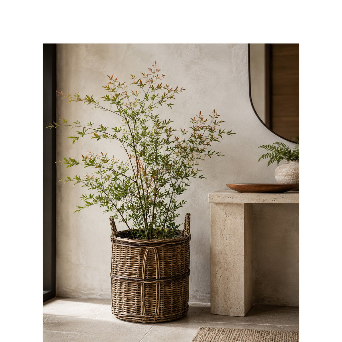 Woven Wicker Basket with Two Carry Handles | Laundry Storage for the Bedroom or Hallway | 13.4 in Across, 15 in Tall
