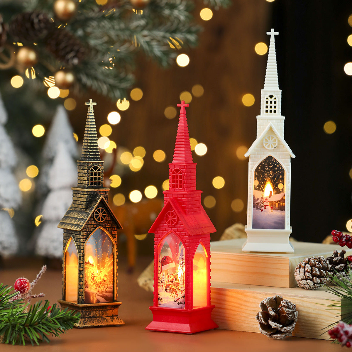 LED Christmas Village Church Figurines with Warm Glow