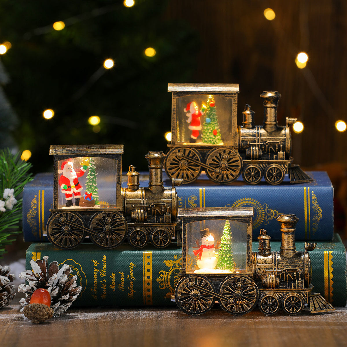 Light Up Christmas Train Ornaments with Santa and Snowman
