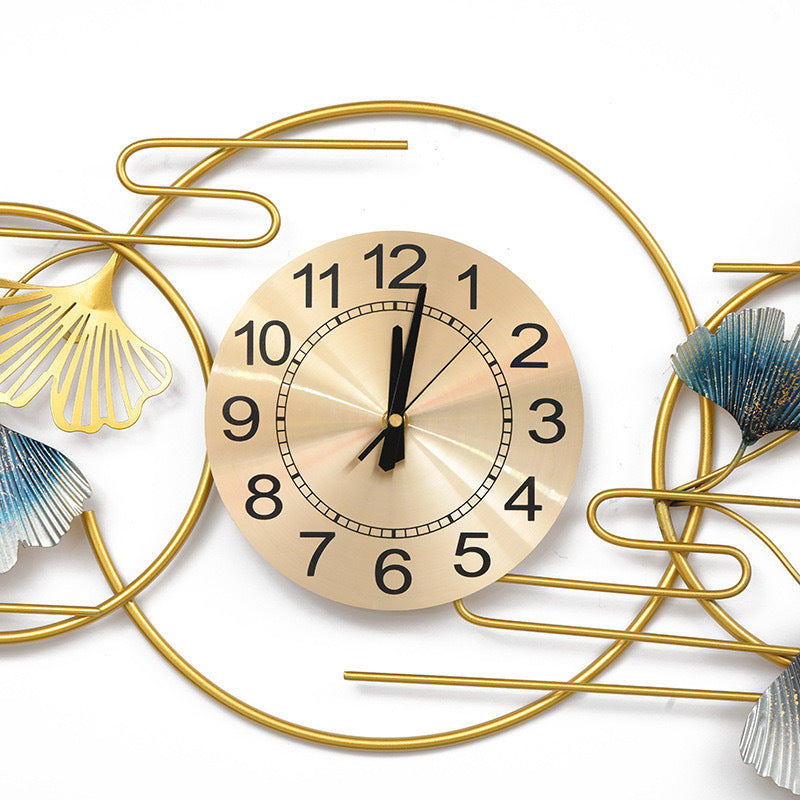 Long Wall Clock with Gilded Ginkgo Leaves in Metal | 36 x 13 in, Made to Fill a Wide Empty Stretch | Easy to Hang