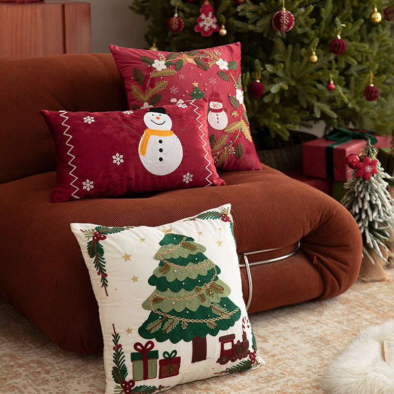 Embroidered Christmas Pillow Covers with Beaded Winter Scenes
