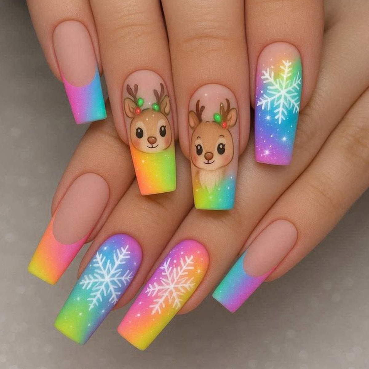 Rainbow Reindeer and Snowflake Press On Nails for Christmas