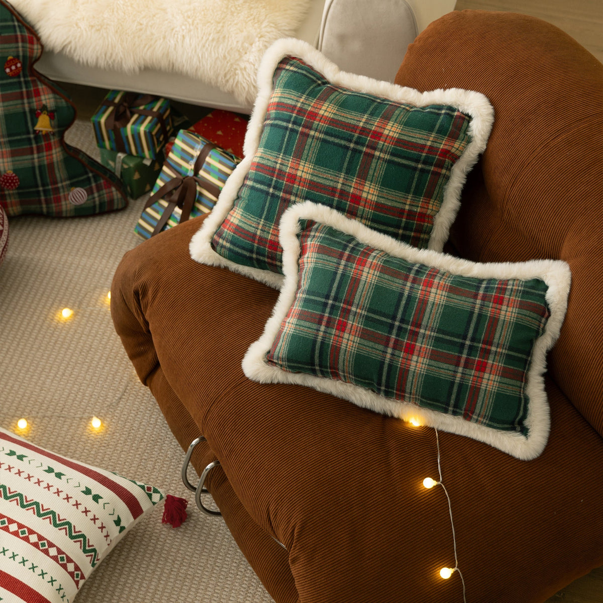 Christmas Throw Pillows in Plaid Flannel with Embroidered Bells