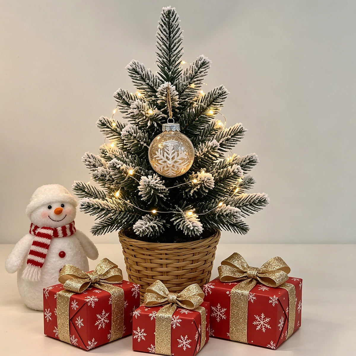 Red and White Christmas Tree Ornaments Set with Santa and Snowman