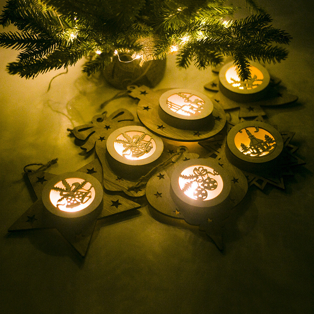 Wooden Christmas Tree Ornaments with Warm Glow Cutout Scenes