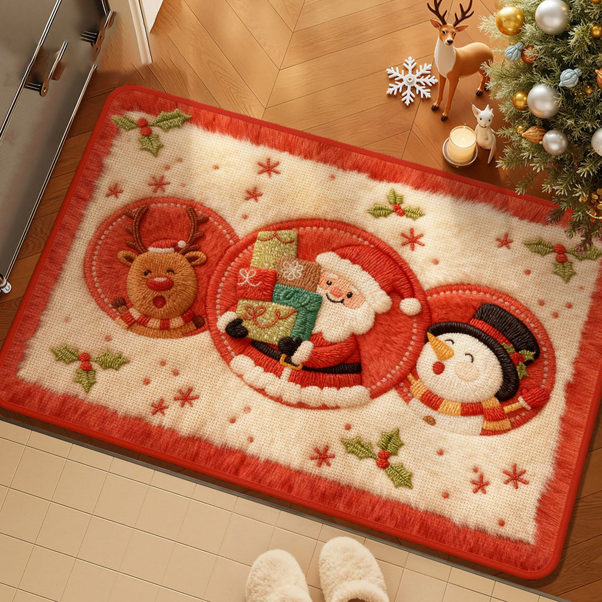 Christmas Door Mat with Santa, Reindeer and Snowman Plush Design