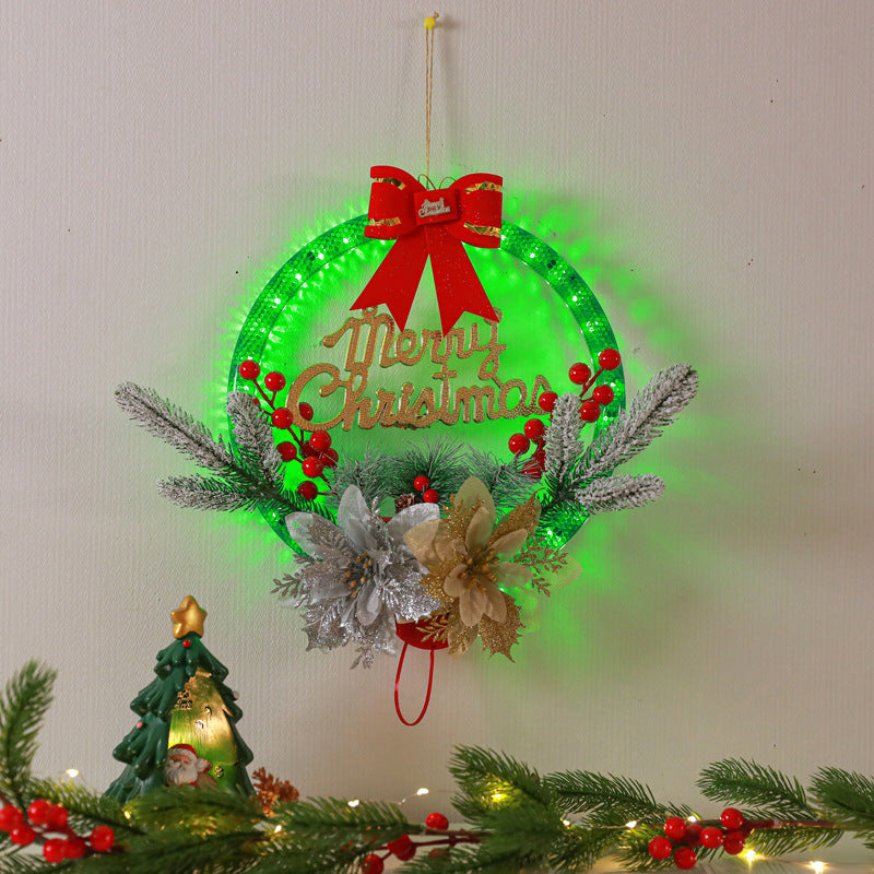 Lighted Christmas Wreath with Red Bow and Poinsettias
