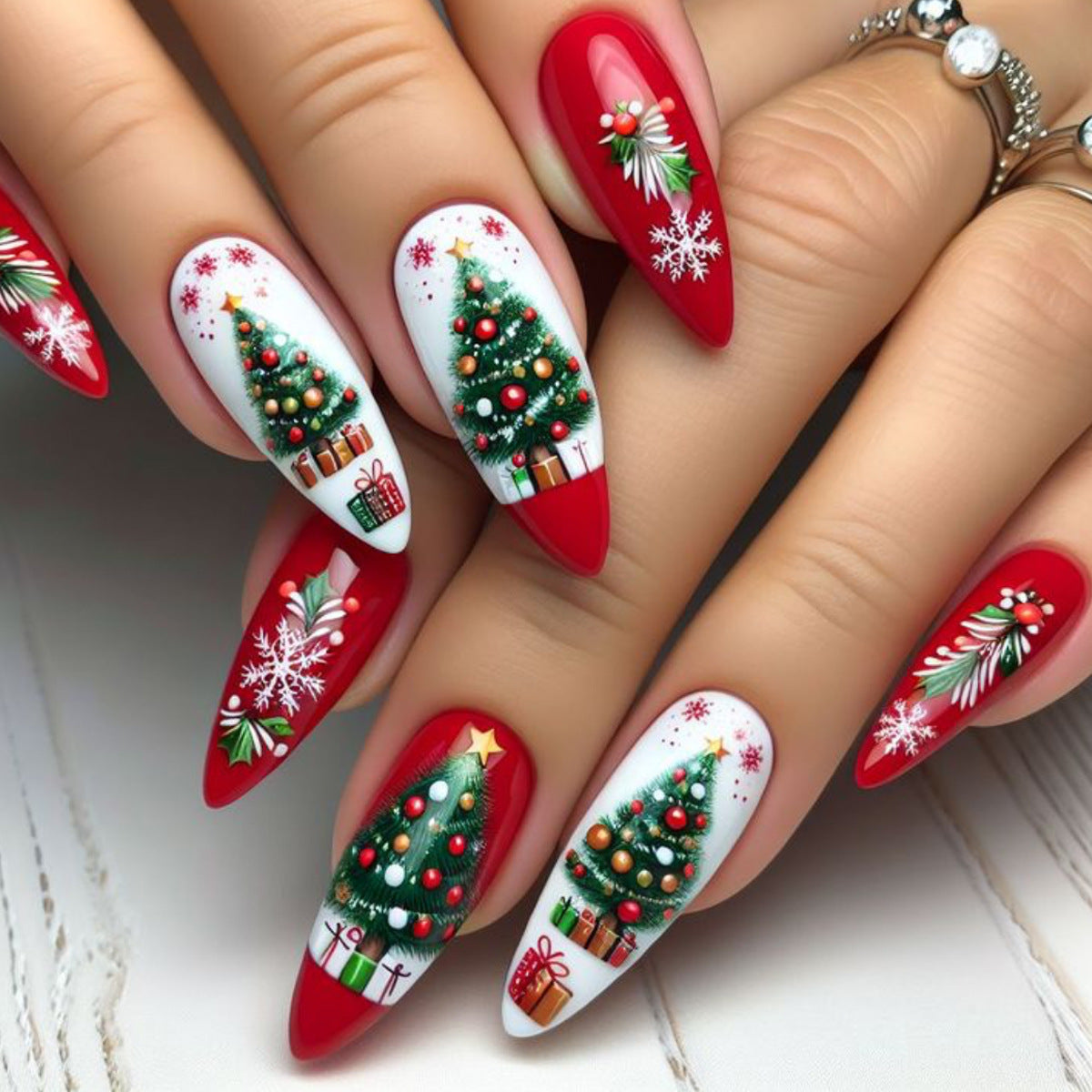 Christmas Press On Nails in Almond Shape with Holiday Designs