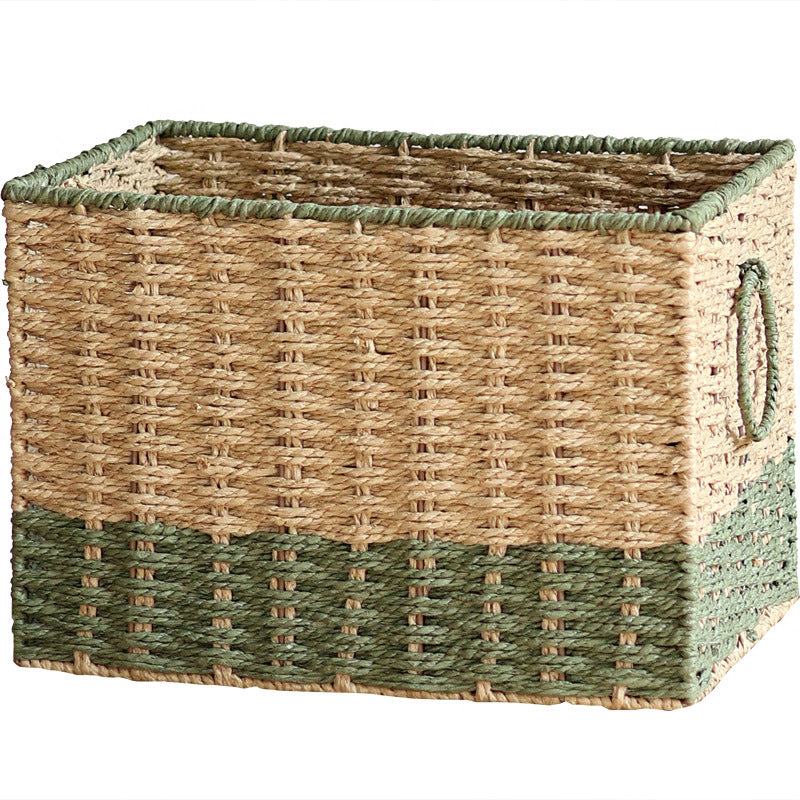 Two-Tone Woven Storage Organizer Basket with Side Handles | Paper Rope Bin for Toys and Blankets | 2 Sizes
