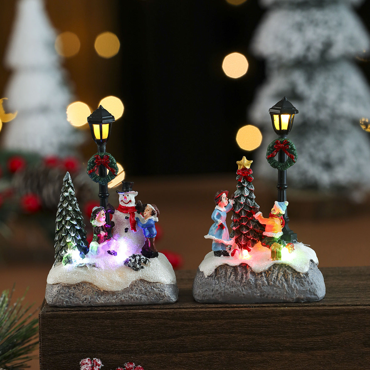 Light Up Christmas Village Figurines Set with Snowman Scene