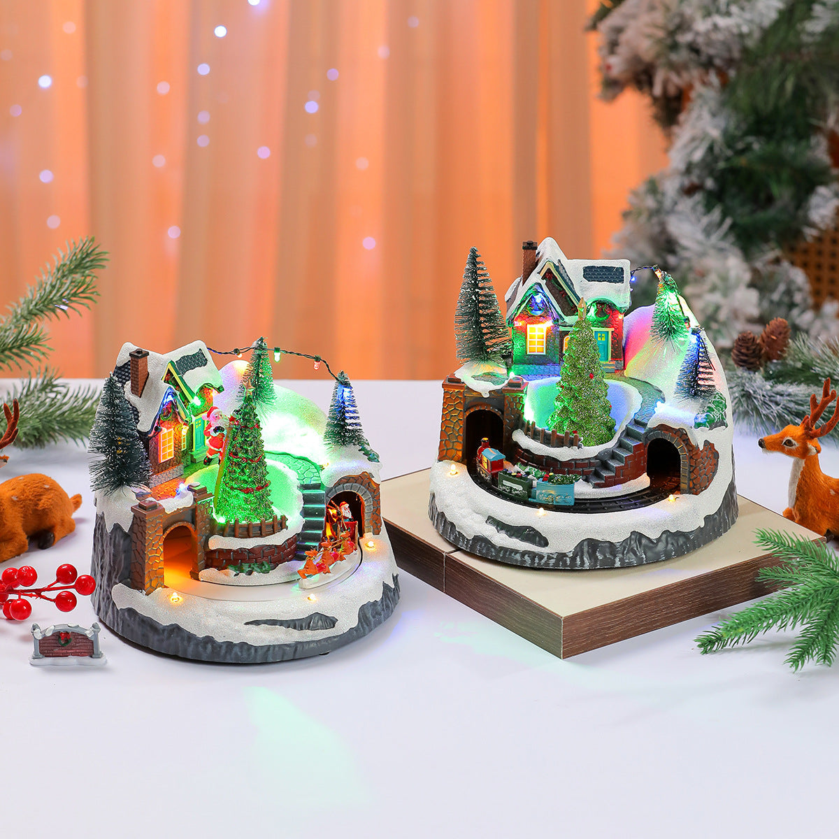 Light Up Christmas Village Display with LED Lights and Train