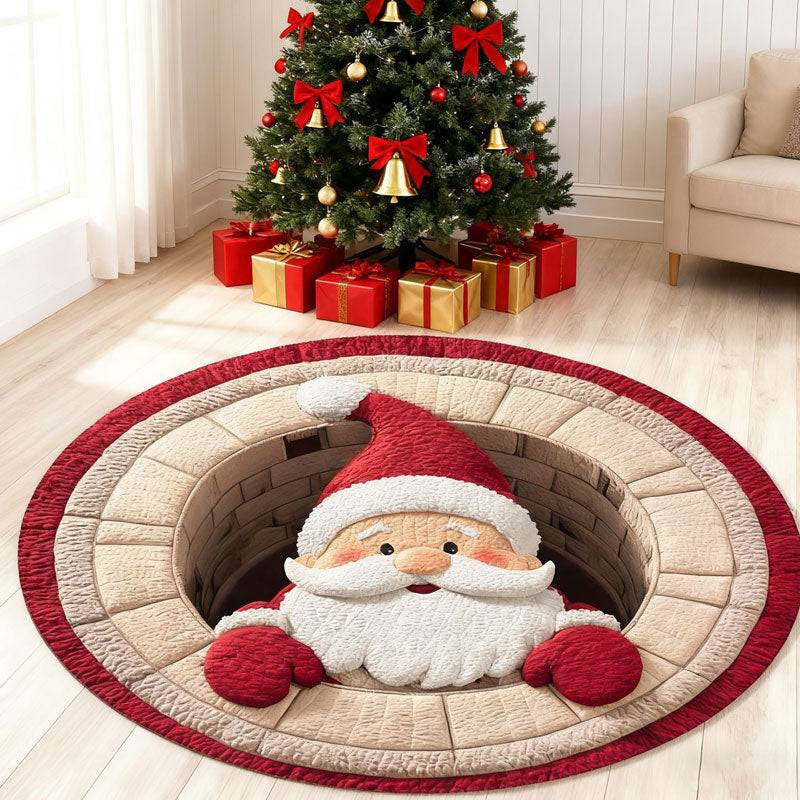 Round Christmas Area Rug with 3D Santa Design for Living Room