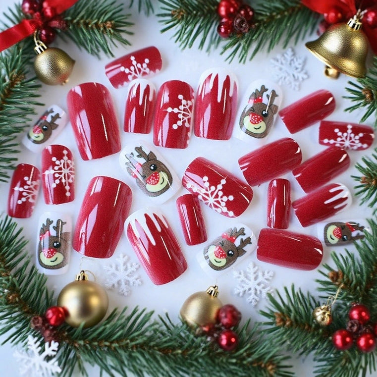 Christmas Press On Nails with Reindeer and Snowflake Designs
