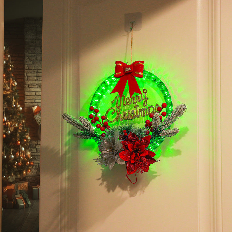 Lighted Christmas Wreath with Red Bow and Poinsettias