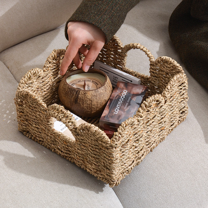 Woven Storage Organizer with Two Side Handles | Wave Pattern Basket for the Living Room or Hallway | 4 Colors