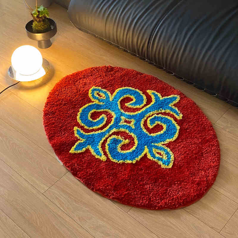 Plush Area Rug in Vintage Red with Blue Scroll Motif | Oval Accent Mat for Bedside or Sofa | Soft Pile