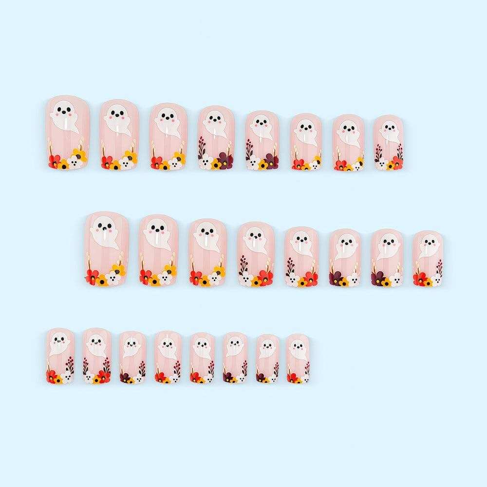 Halloween Ghost Floral Press-On Nails | Available in Yellow | Glue-Free Application in Minutes for Parties and Nights Out