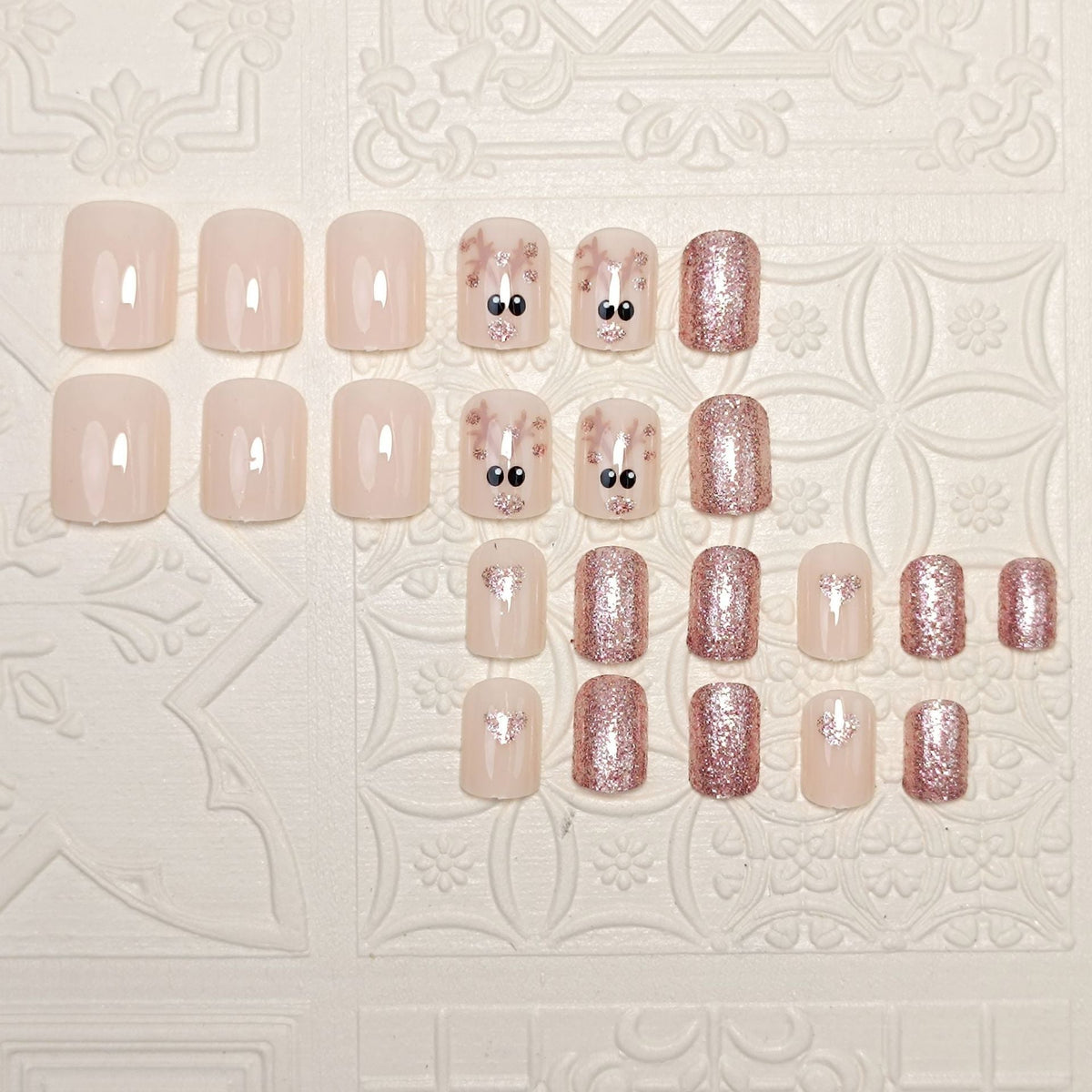 Christmas Press On Nails with Glitter and Reindeer Accents
