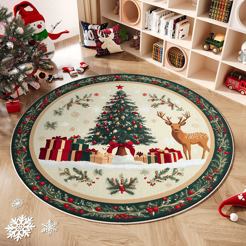 Round Washable Christmas Rug with Tree and Reindeer Design
