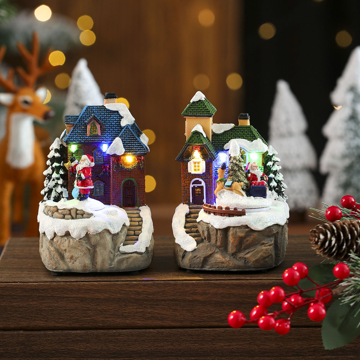 Light Up Christmas Village House Decoration with Santa Figure