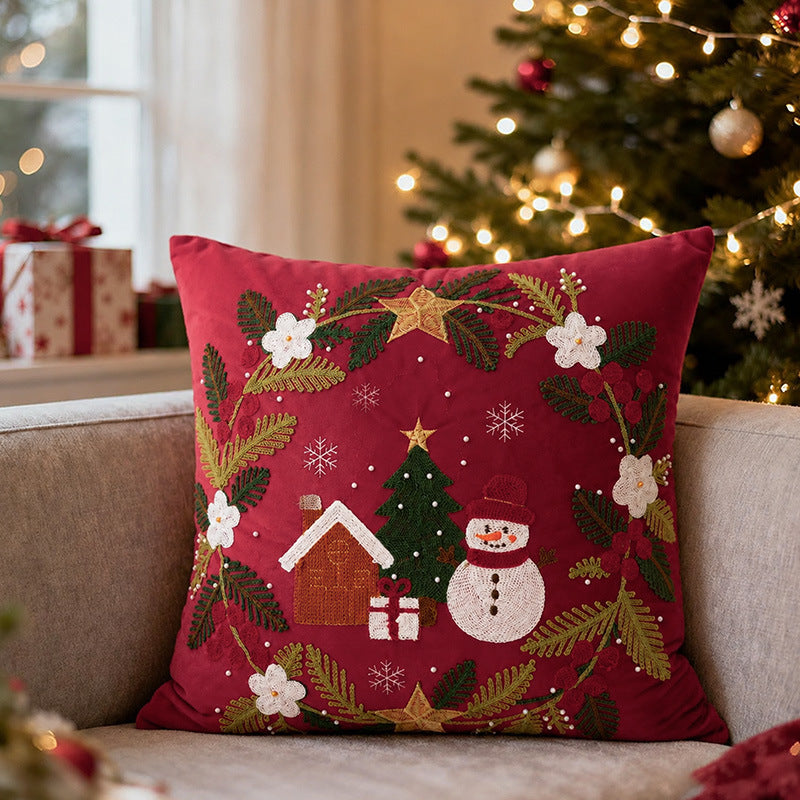 Embroidered Christmas Pillow Covers with Beaded Winter Scenes
