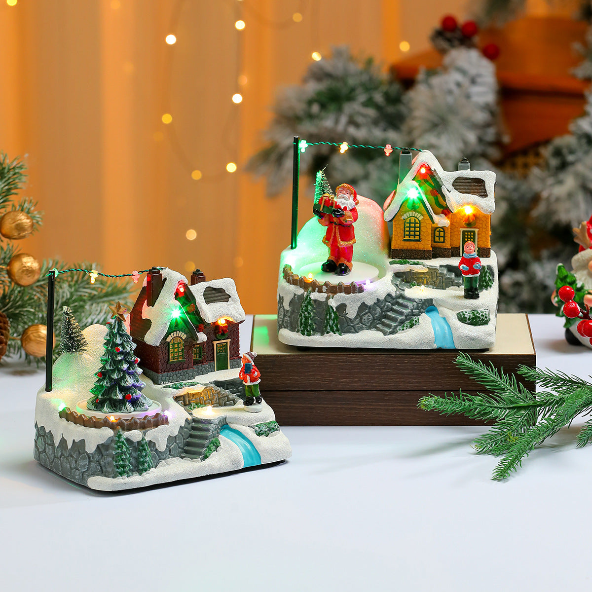 Light Up Christmas Village Figurines Set with Santa Cottage