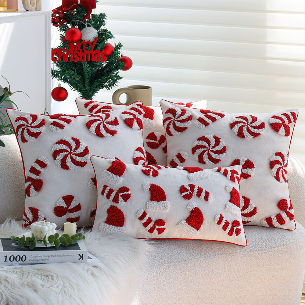 Hand Tufted Christmas Pillow Cover with Santa Hats and Candy Canes | Cotton Linen Blend, Piped Edge | Holiday Decorations