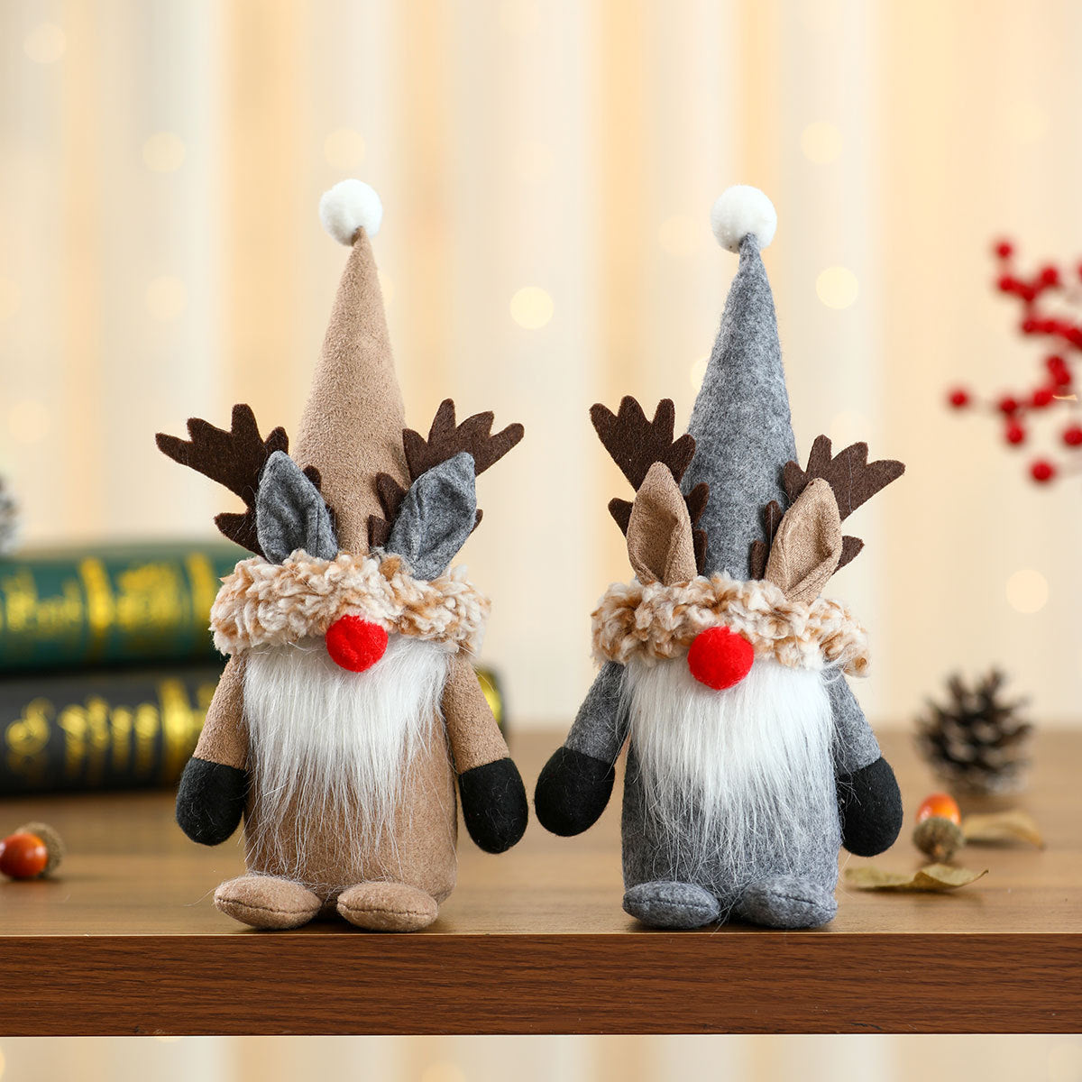 Reindeer Gnome Christmas Decor Figurine with Plush Beard