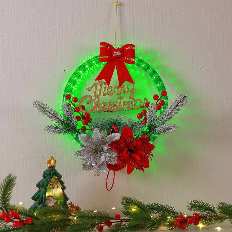 Lighted Christmas Wreath with Red Bow and Poinsettias