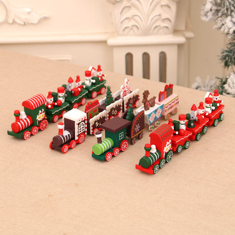 Wooden Train Christmas Ornaments with Candy Cane Detailing | Gift and Tree Motifs on Every Carriage | Four Designs for Table or Mantel