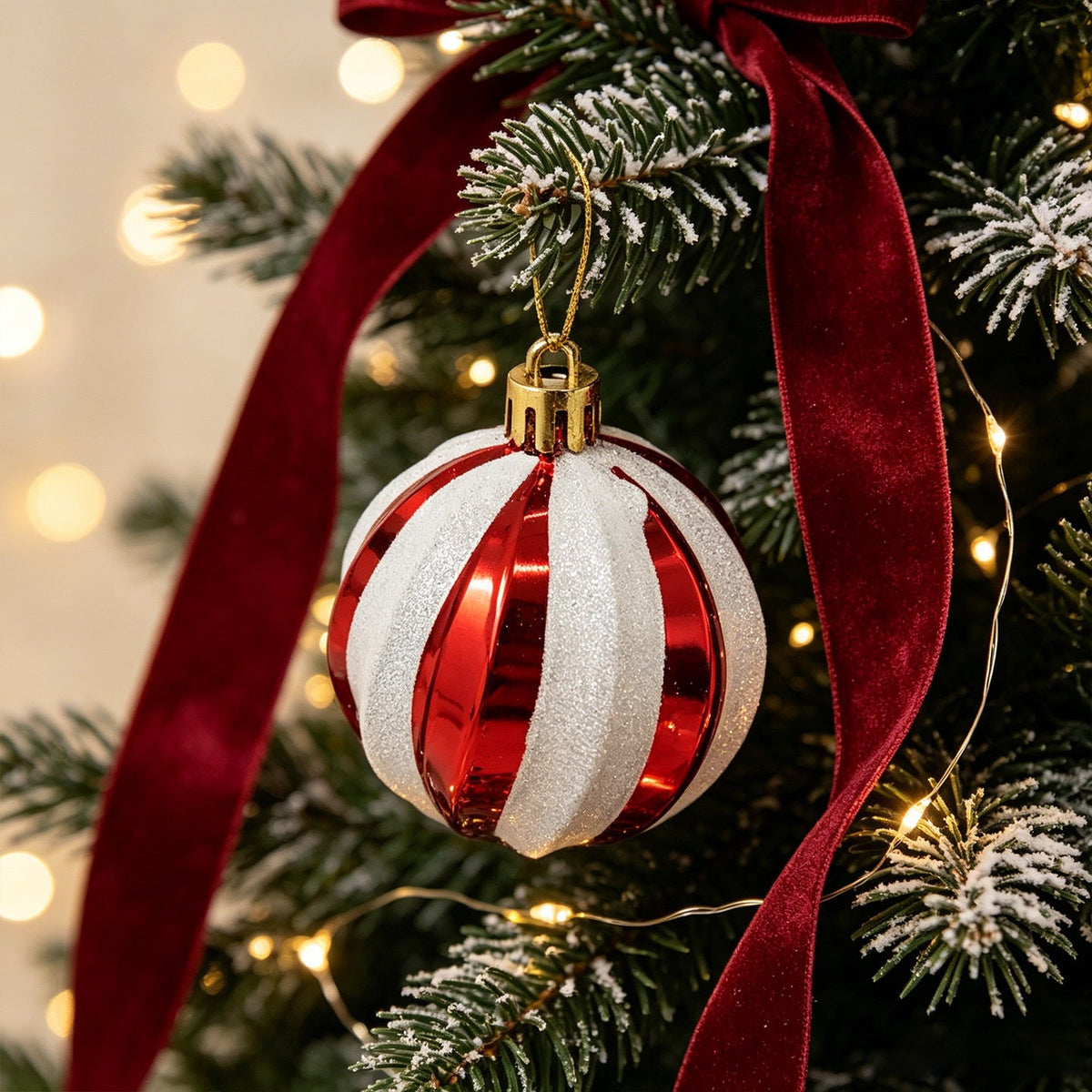 Red and White Christmas Tree Ornaments Set with Santa and Snowman