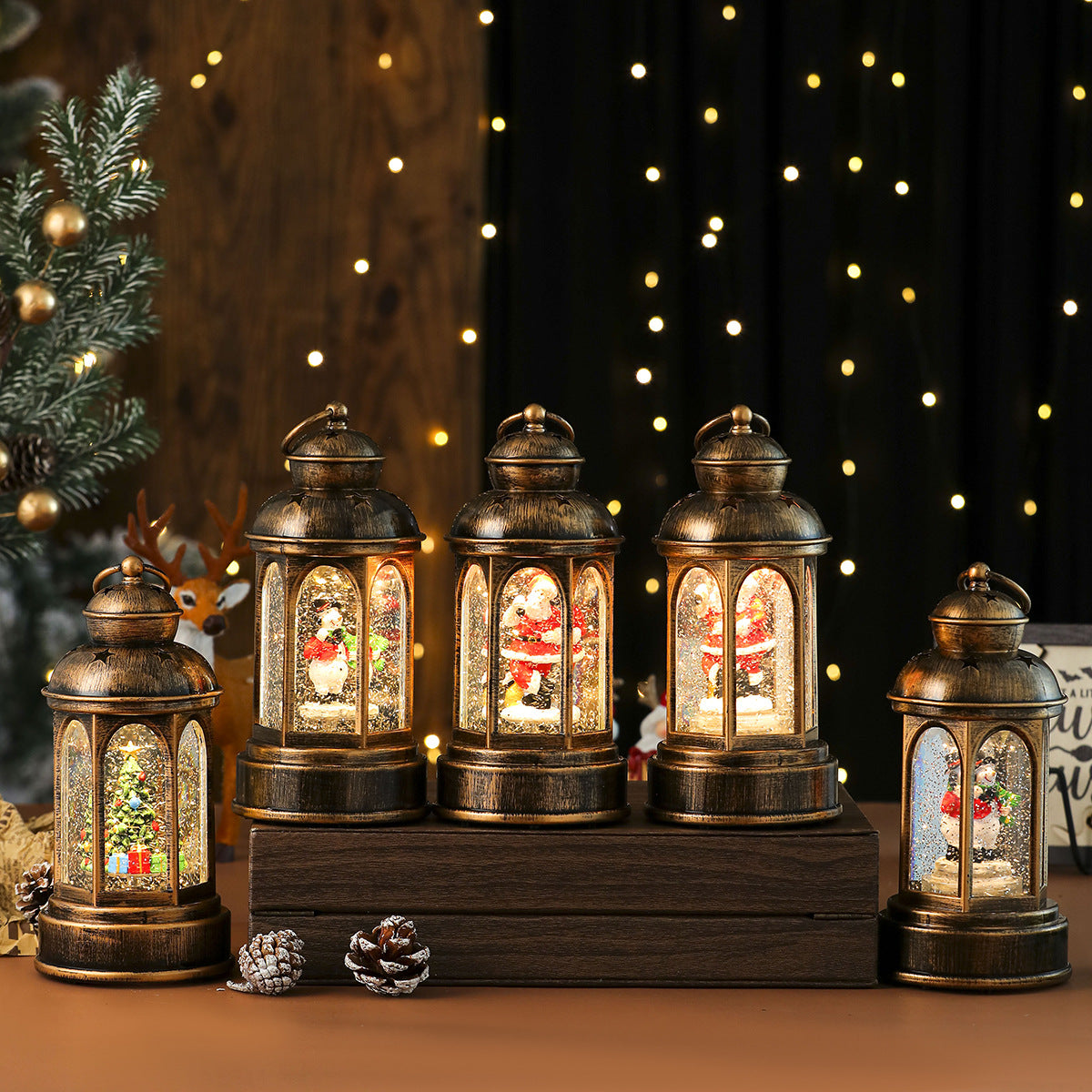 Snow Dusted Lantern with a Mini Christmas Tree and Gifts | Warm LED Lights, Battery Powered | Indoor or Outdoor Tabletop Decor