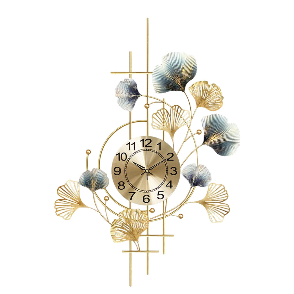Long Wall Clock with Gilded Ginkgo Leaves in Metal | 36 x 13 in, Made to Fill a Wide Empty Stretch | Easy to Hang